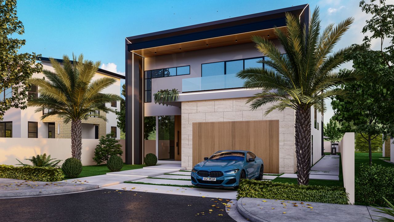 Contemporary house exterior with blue luxury car, palm trees, and clear sky.
