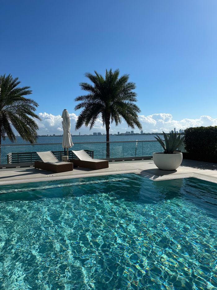 Refreshing poolside view with palm trees overlooking the sea, perfect for a summer escape.